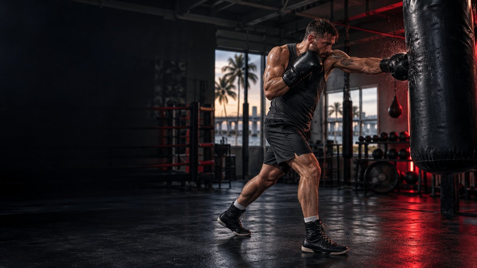 Boxer training on a heavy bag in a dark Downtown Boxing gym
