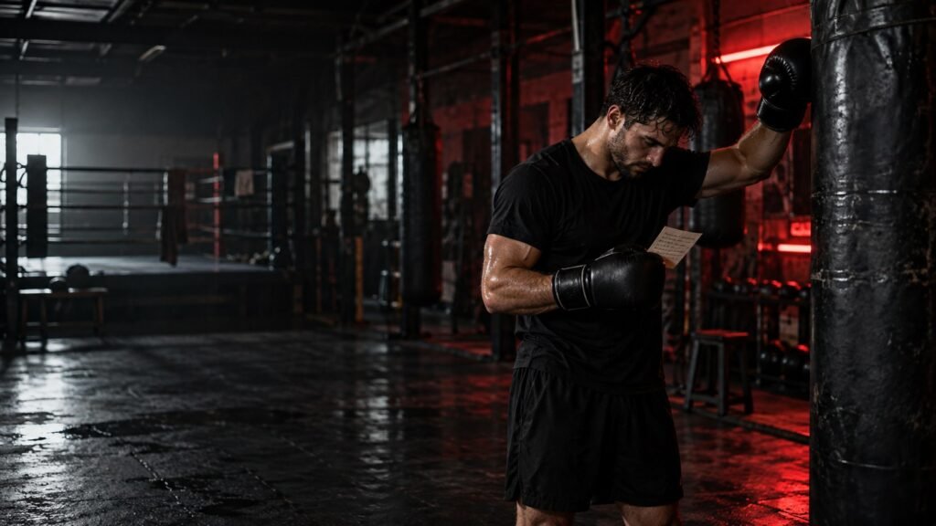 Boxer pauses beside a heavy bag during a Saturday open gym session