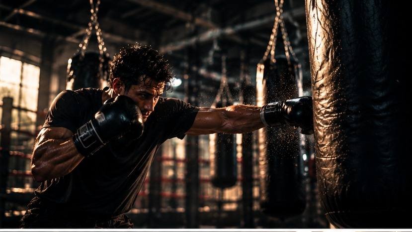 Boxer throwing a two-punch combination on a heavy bag in dramatic gym lighting