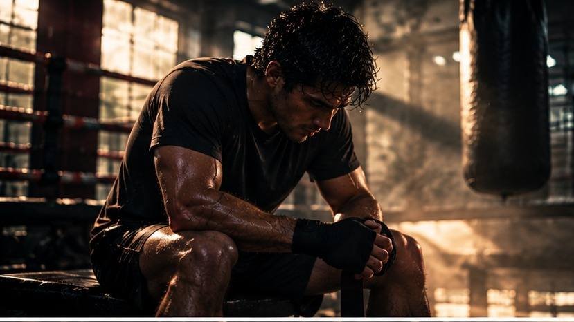 Focused boxer between rounds in dramatic cinematic gym lighting