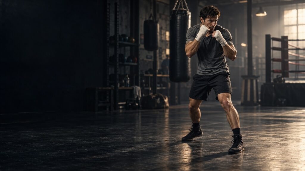 Boxer wearing hand wraps in an orthodox stance in a gym