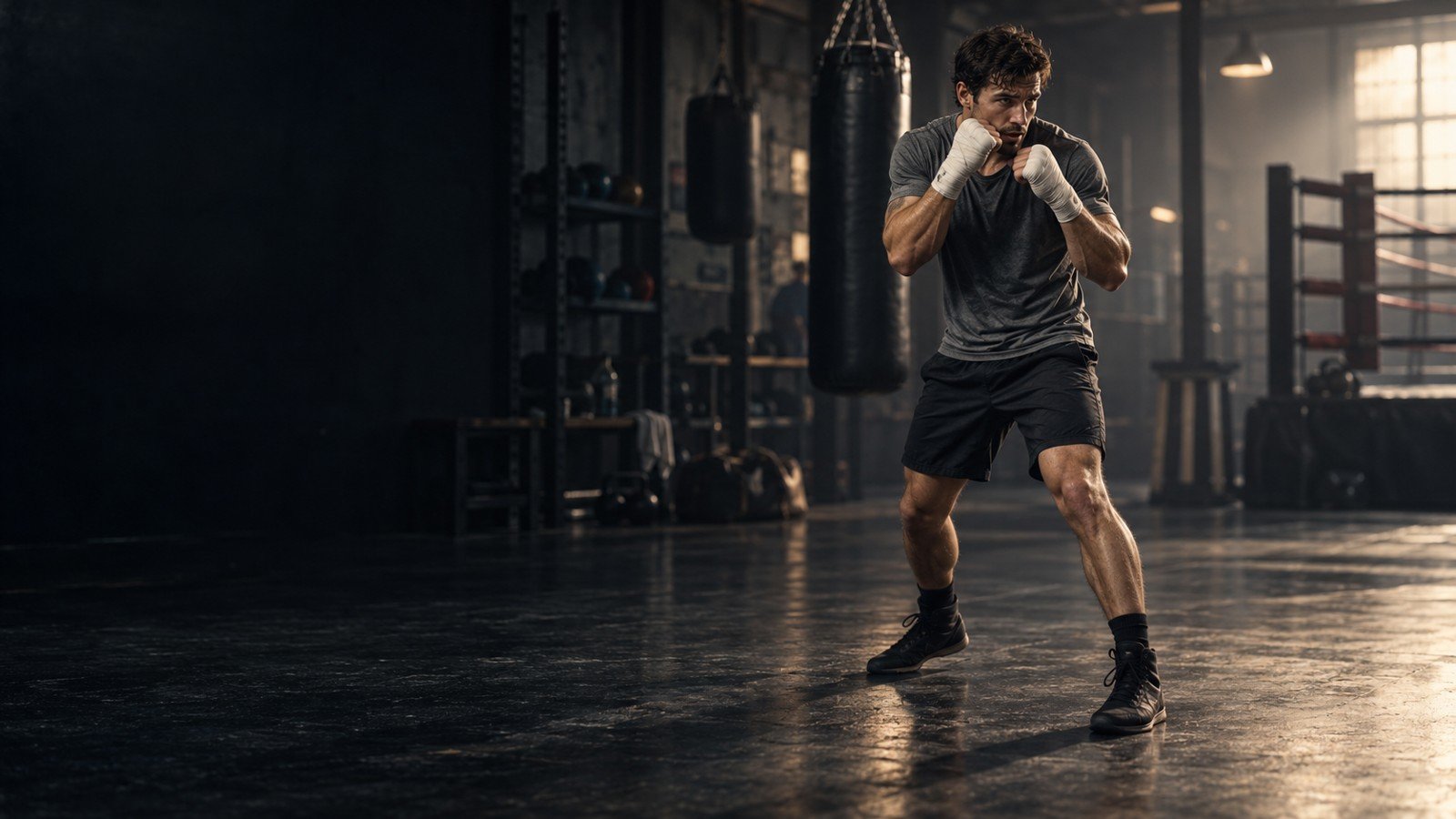 Boxer wearing hand wraps in an orthodox stance in a gym