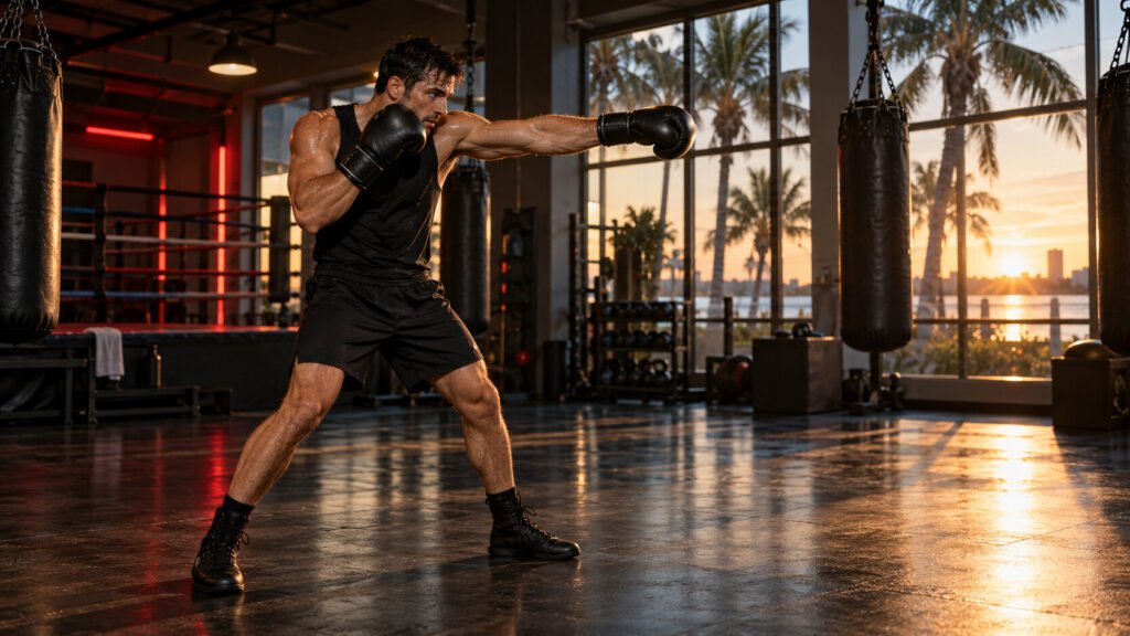 Boxer practicing one focused jab in a balanced orthodox stance in a Clearwater boxing gym