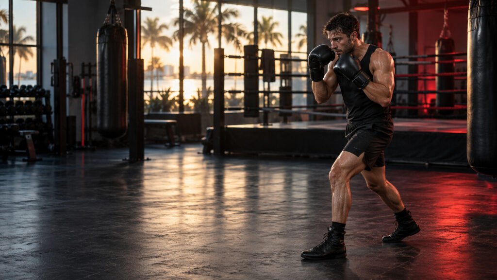 Boxer maintaining a balanced orthodox stance during endurance training in a Clearwater gym
