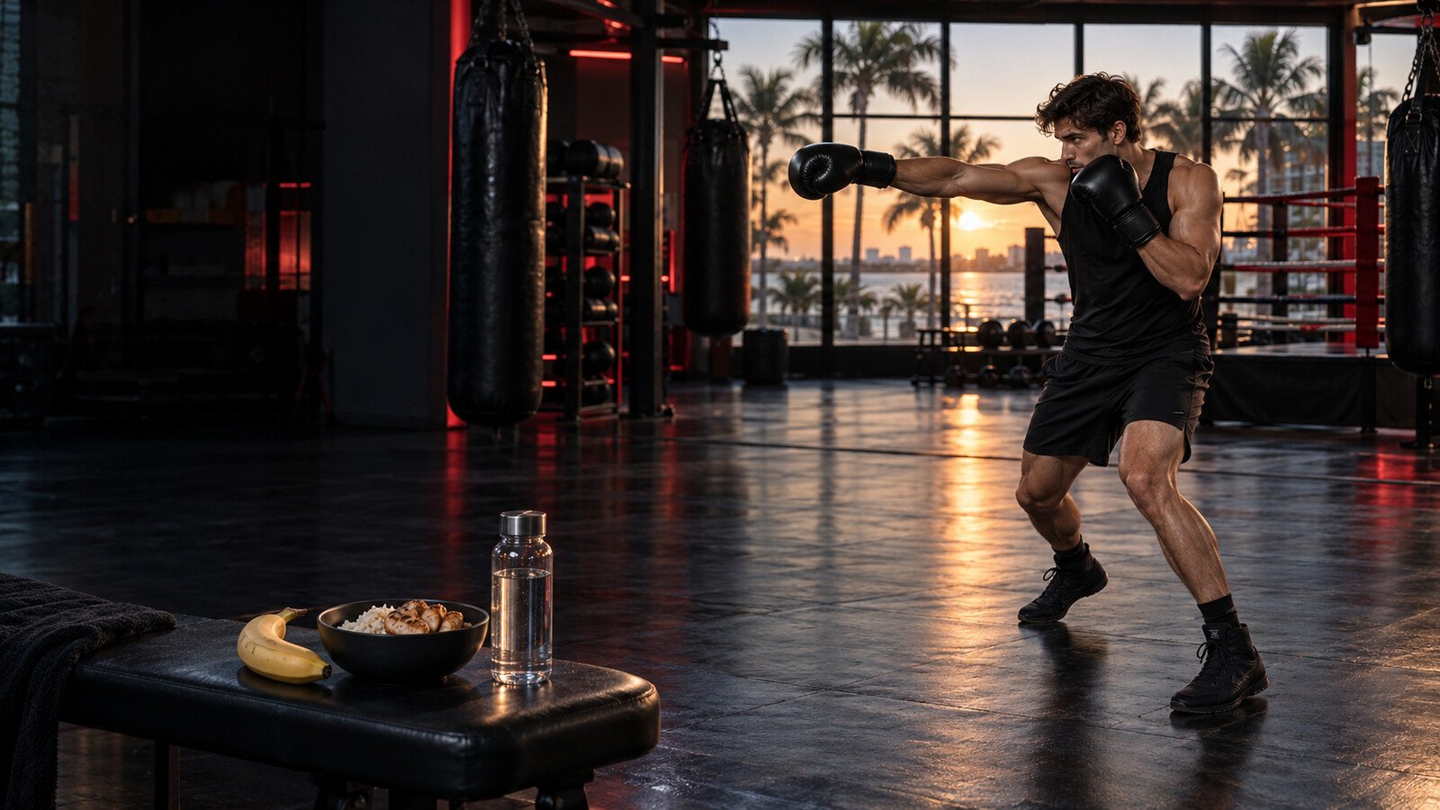 Boxer throwing a balanced orthodox jab beside simple pre-training food in a Clearwater gym