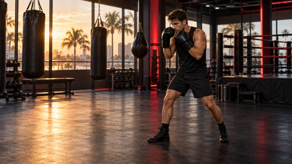 Beginner boxer holding a relaxed orthodox guard during light recovery shadowboxing in a Clearwater boxing gym