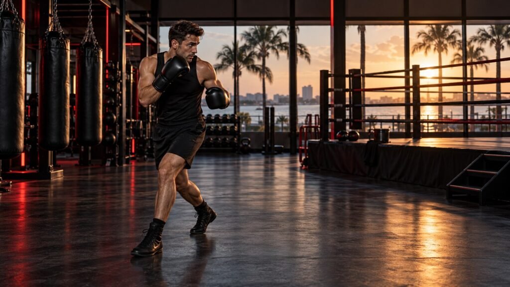 Beginner boxer stepping safely left after a jab-cross in a Clearwater boxing gym