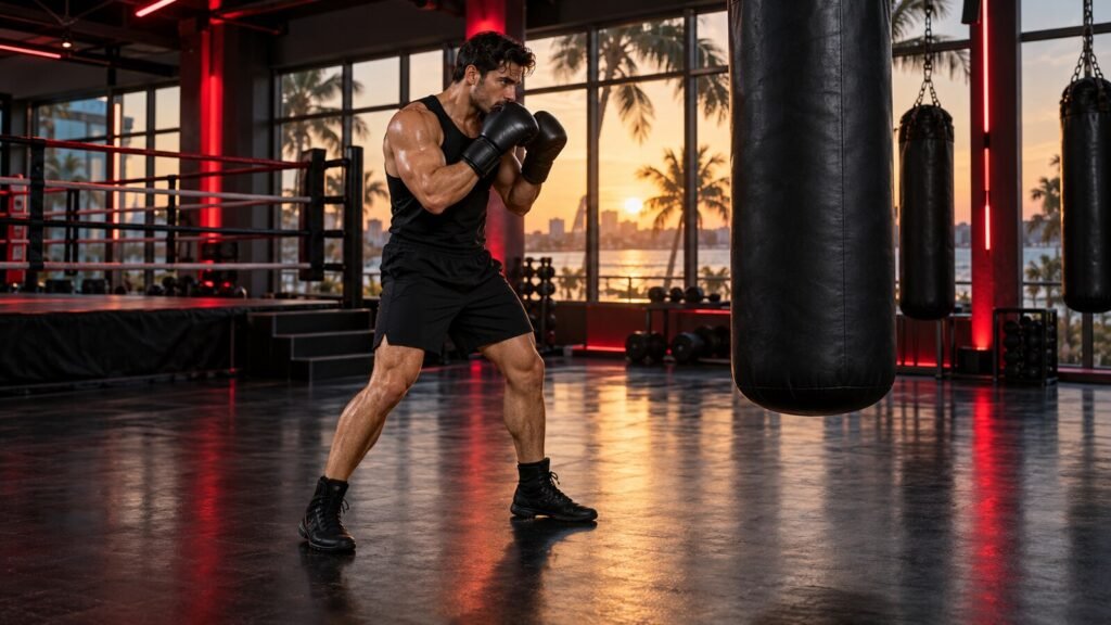 Beginner boxer holding an orthodox guard during a controlled calf-endurance drill in a Clearwater boxing gym