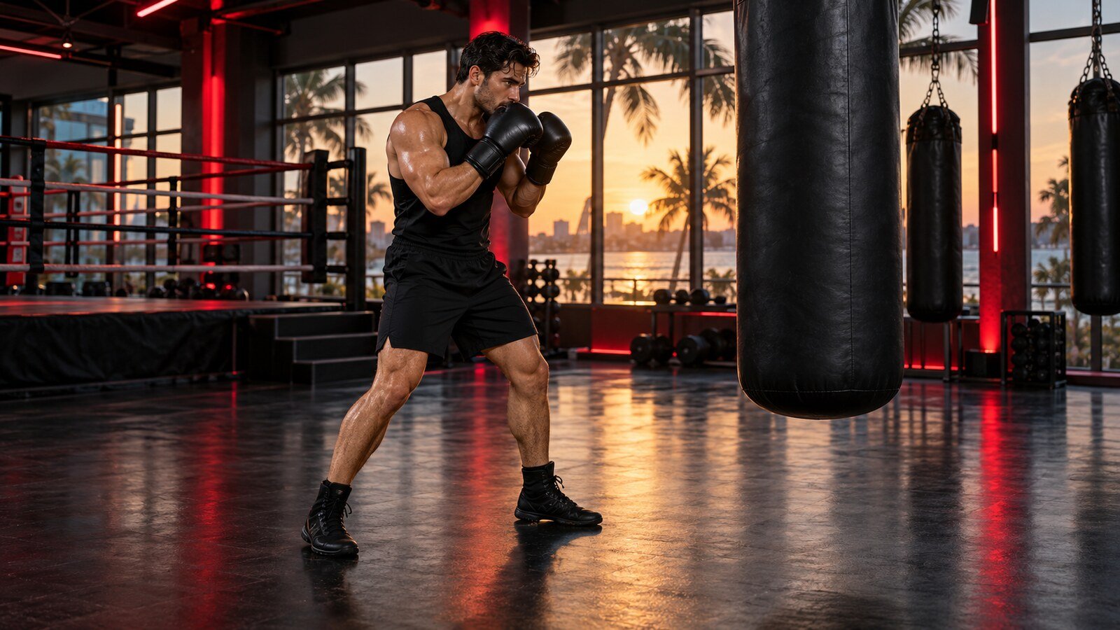 Beginner boxer holding an orthodox guard during a controlled calf-endurance drill in a Clearwater boxing gym