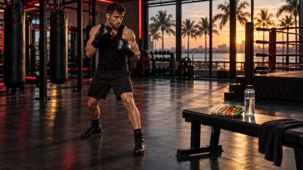 Beginner boxer in orthodox stance beside a balanced post-training dinner in a Clearwater boxing gym