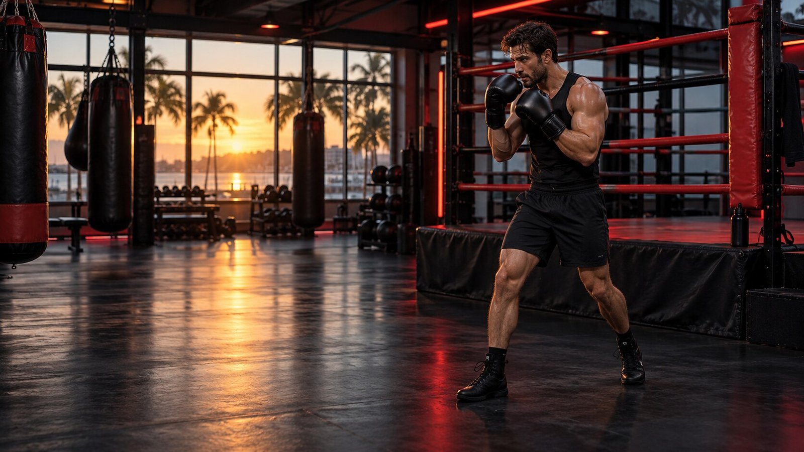 Beginner boxer calmly resetting in an orthodox stance between rounds in a Clearwater boxing gym
