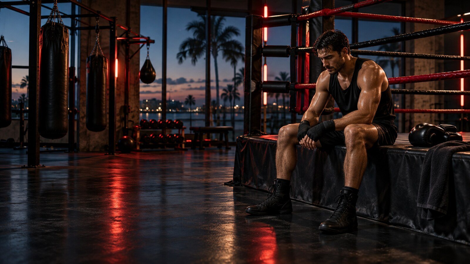 Beginner boxer resting calmly on a ring apron after evening training in a Clearwater boxing gym