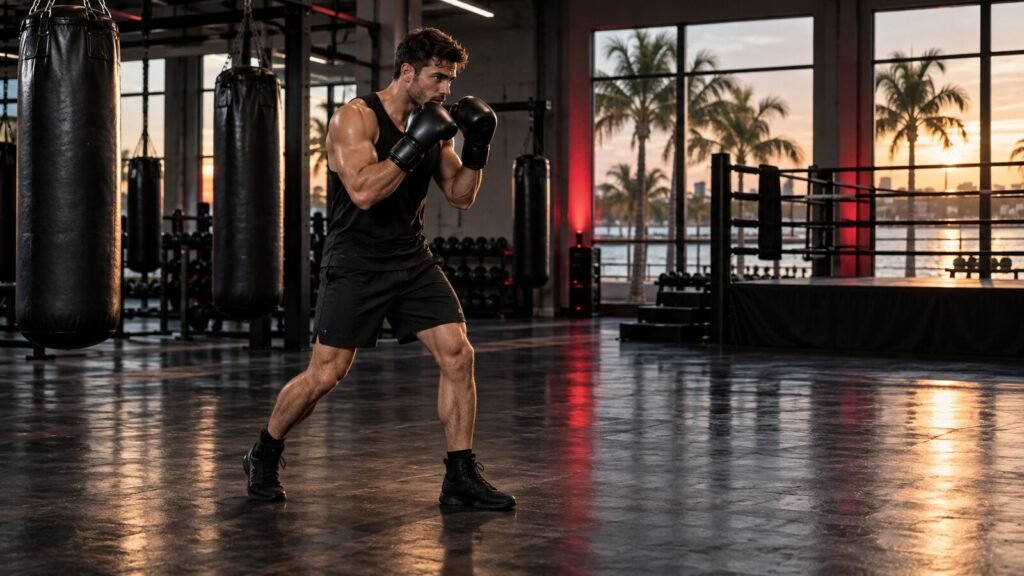 Boxer finishing a controlled cooldown shadowboxing step in a Clearwater boxing gym