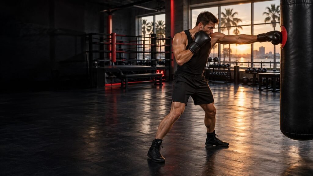 Boxer placing a jab on a heavy bag target while maintaining guard and balance