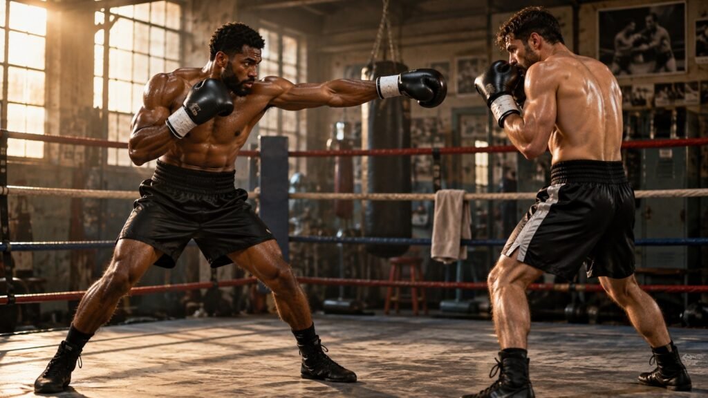Two boxers measuring jab distance in the ring