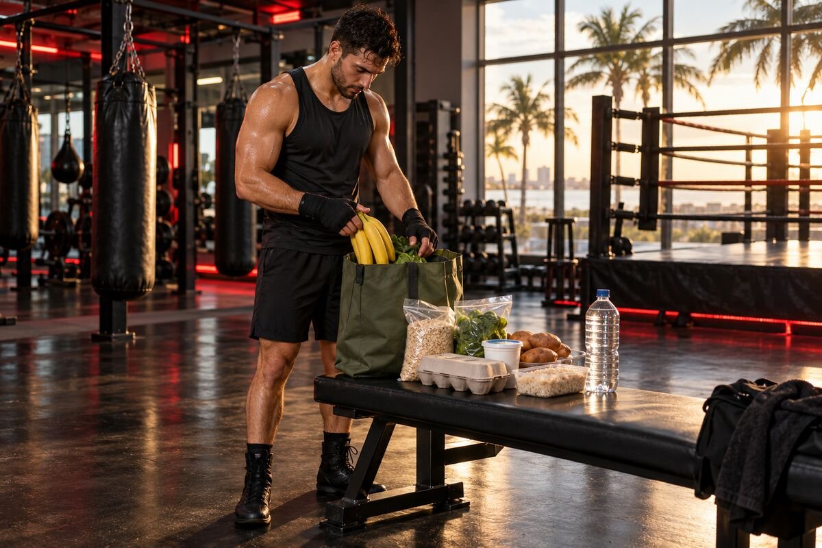 Boxer organizing whole foods for a beginner training grocery list in a Clearwater boxing gym