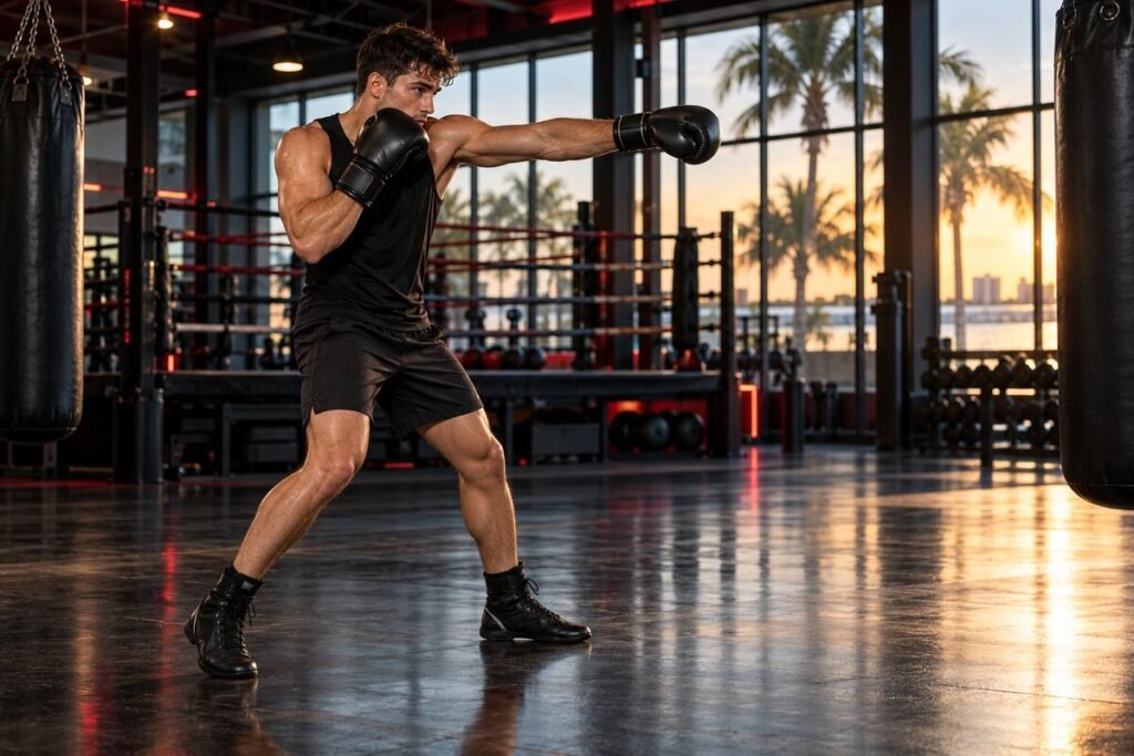 Boxer practicing a balanced orthodox step and jab in a Clearwater boxing gym