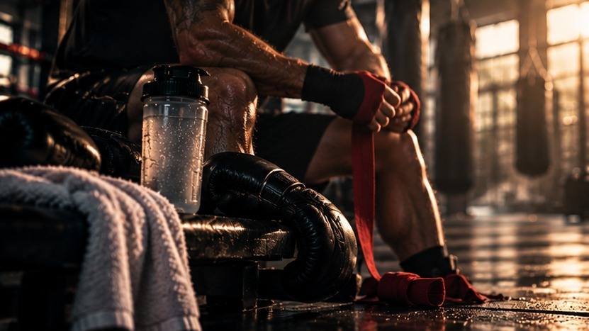 Boxer removing hand wraps after training beside gloves towel and water