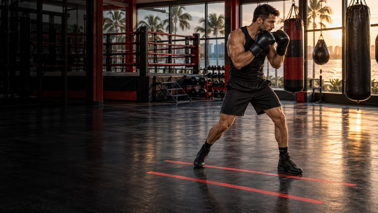Boxer practicing a side step while maintaining stance and guard