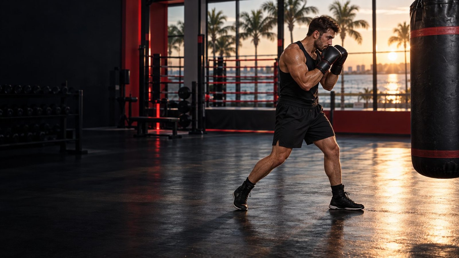 Boxer practicing a backward step with guard maintained