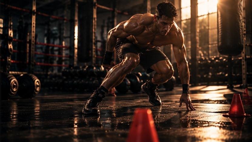 Boxer braking and resetting the feet after a punch in a cinematic gym