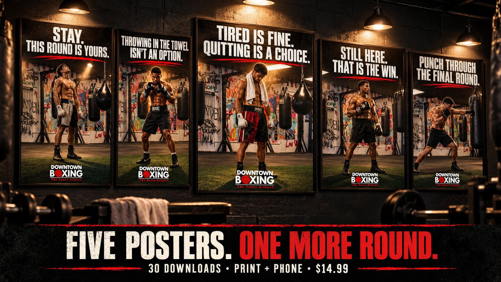 Five Downtown Boxing motivational posters displayed on a gym wall